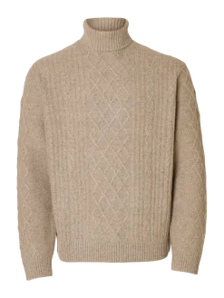 Selected miesten neulepusero, SLHNEIL LS KNIT RELAXED CABLE ROLL NECK Oatmeal Neps
