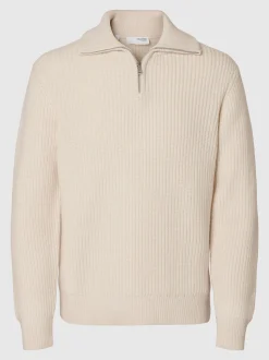 Selected Miesten Neulepusero LAND LS KNIT HALFZIP Luonnonvalkoinen