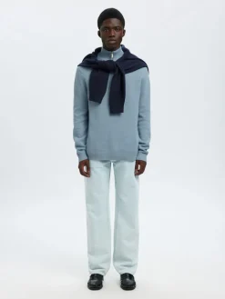 Selected Miesten Neulepusero DANE LS KNIT STRUCTURE HALF ZIP, Dusty Blue