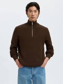 Selected miesten neulepusero SLHDANE LS KNIT STRUCTURE HALF ZIP NOOS, Demitasse
