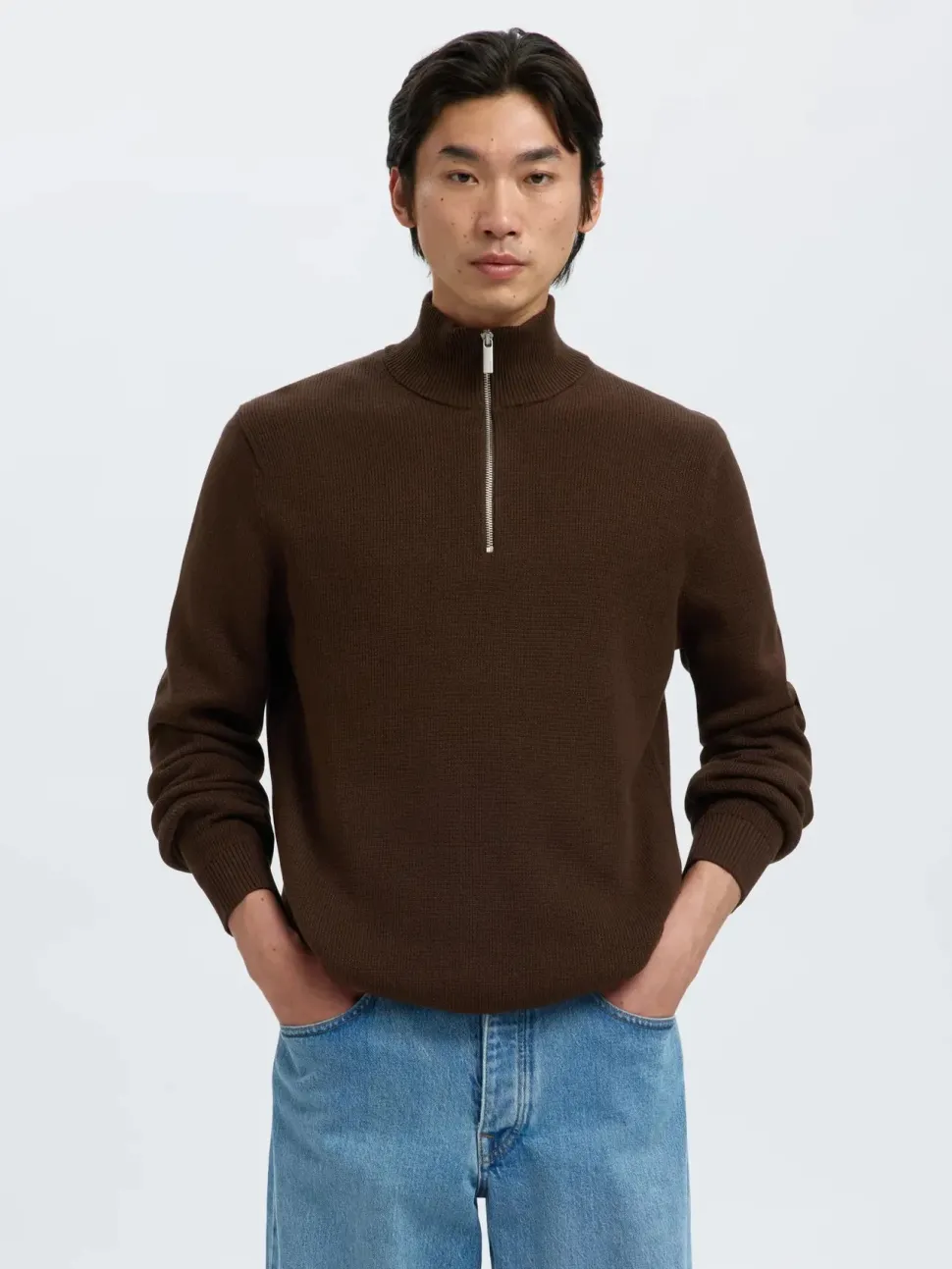 Selected miesten neulepusero SLHDANE LS KNIT STRUCTURE HALF ZIP NOOS, Demitasse