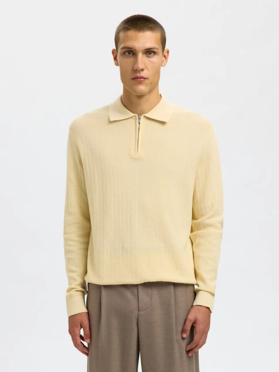 Selected miesten neulepusero SLHCRAN LS Knit Structure Half Zip Polo, Angora