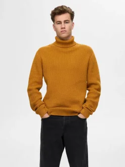 Selected Miesten Neulepusero, ZIG LS KNIT STRUCTURE ROLLNECK Oranssi
