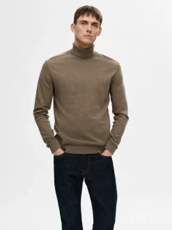 Selected Miesten Pooloneule Berg Roll Neck NOOS, Teak Melange