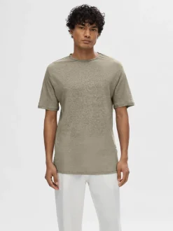 Selected Miesten T-Paita, BET LINEN SS O-NECK Armeijanvihreä