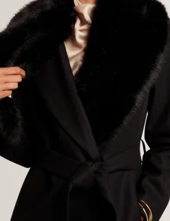 Ted Baker naisten takki MUSEA FAUX FUR BELTED LONG COAT, musta