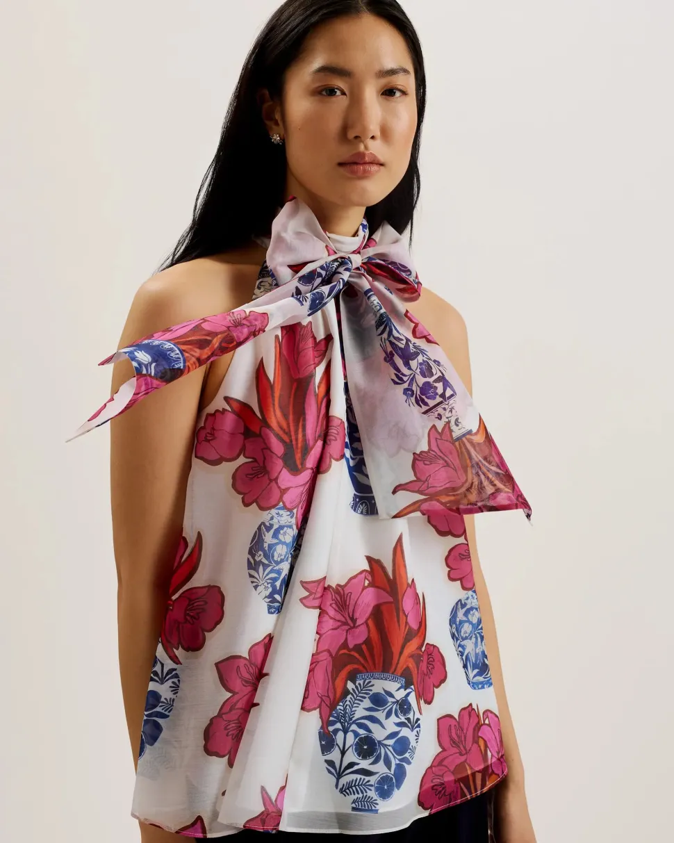 Ted Baker Naisten Toppi, AKAKI Organza printed Tie Neck Top Valkopohjainen Kuosi