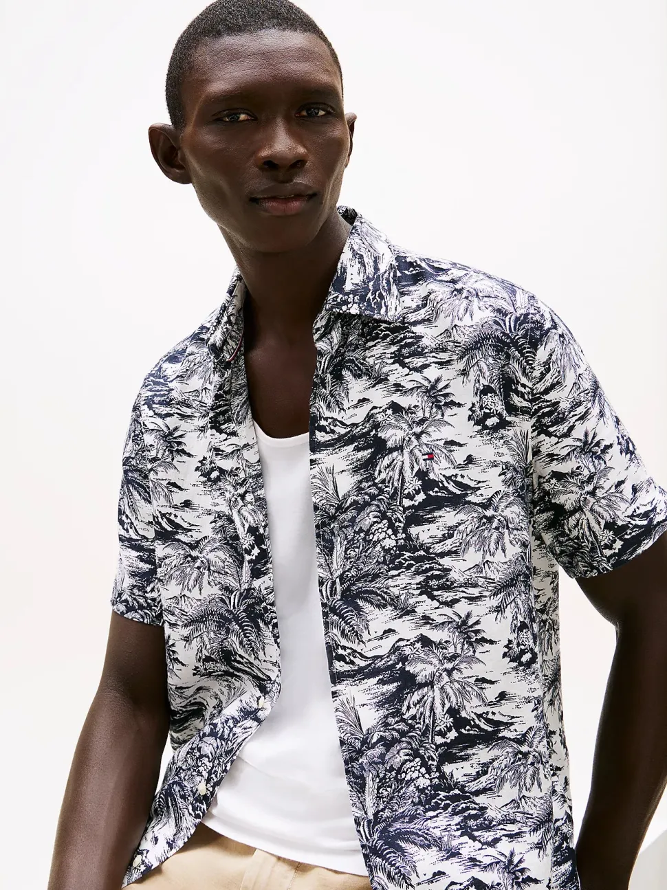 Tommy Hilfiger miesten lyhythihainen kauluspaita, LINEN VACATION PRT Sininen Kuosi