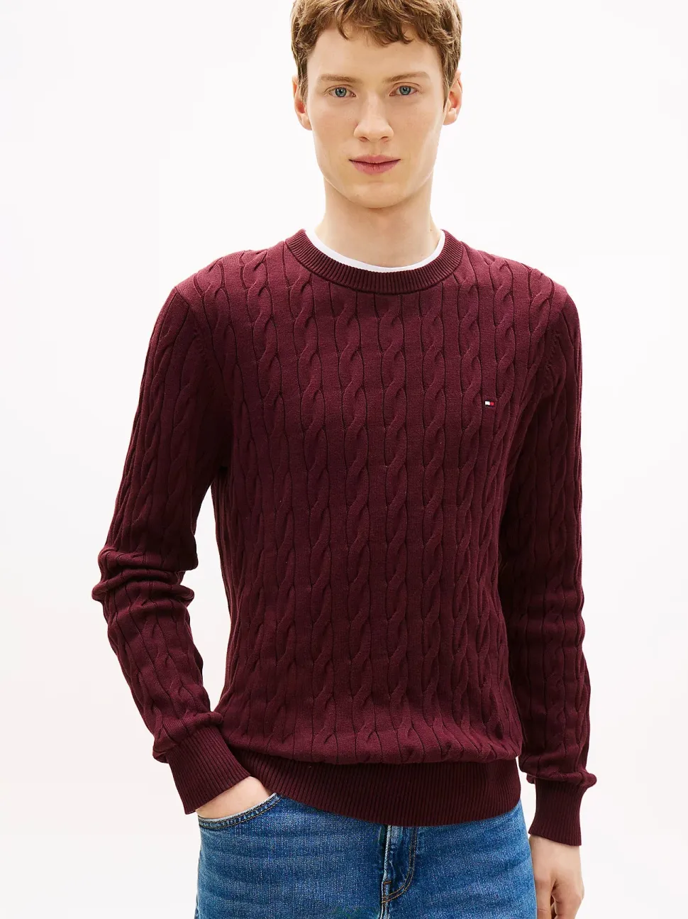 Tommy Hilfiger miesten neulepaita Classic Cotton Cable Crew Neck, viininpunainen