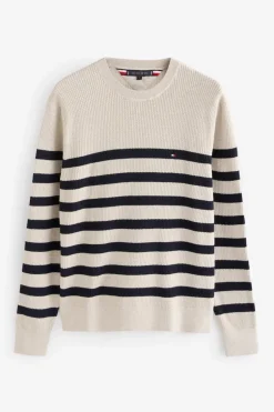 Tommy Hilfiger Miesten Neulepusero, STRUCTURE CREW Raidallinen Valkoinen