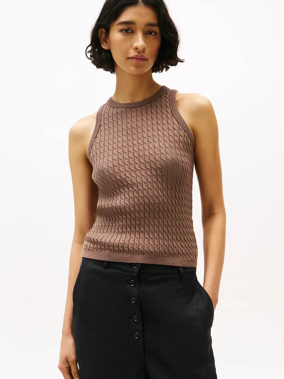 Tommy Hilfiger naisten hihaton neule, CO CABLE FINE SLIM SWEATER Tummanruskea