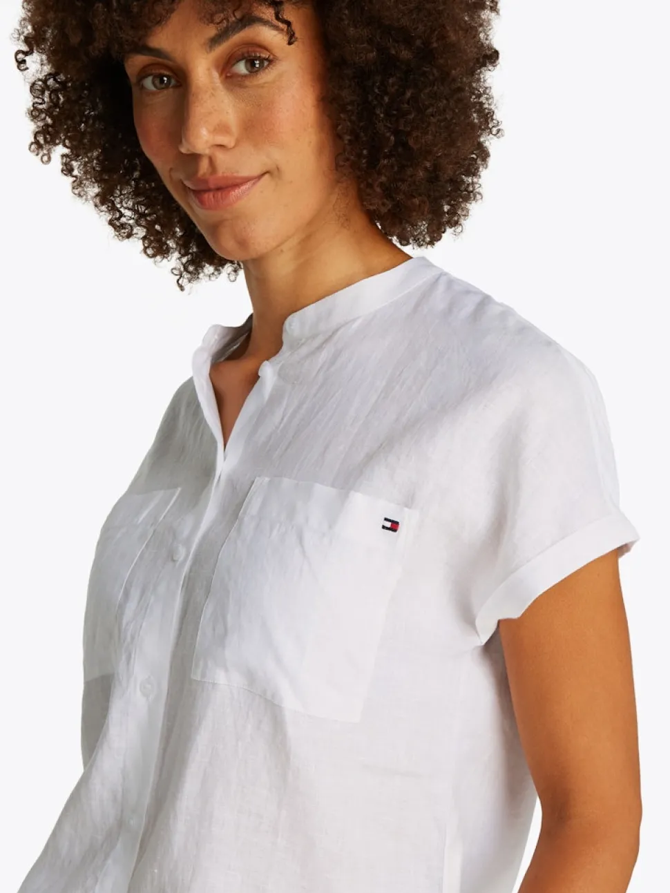 Tommy Hilfiger naisten lyhythihainen pellavapusero, ESS LINEN COLLARLESS SS BLOUSE Valkoinen