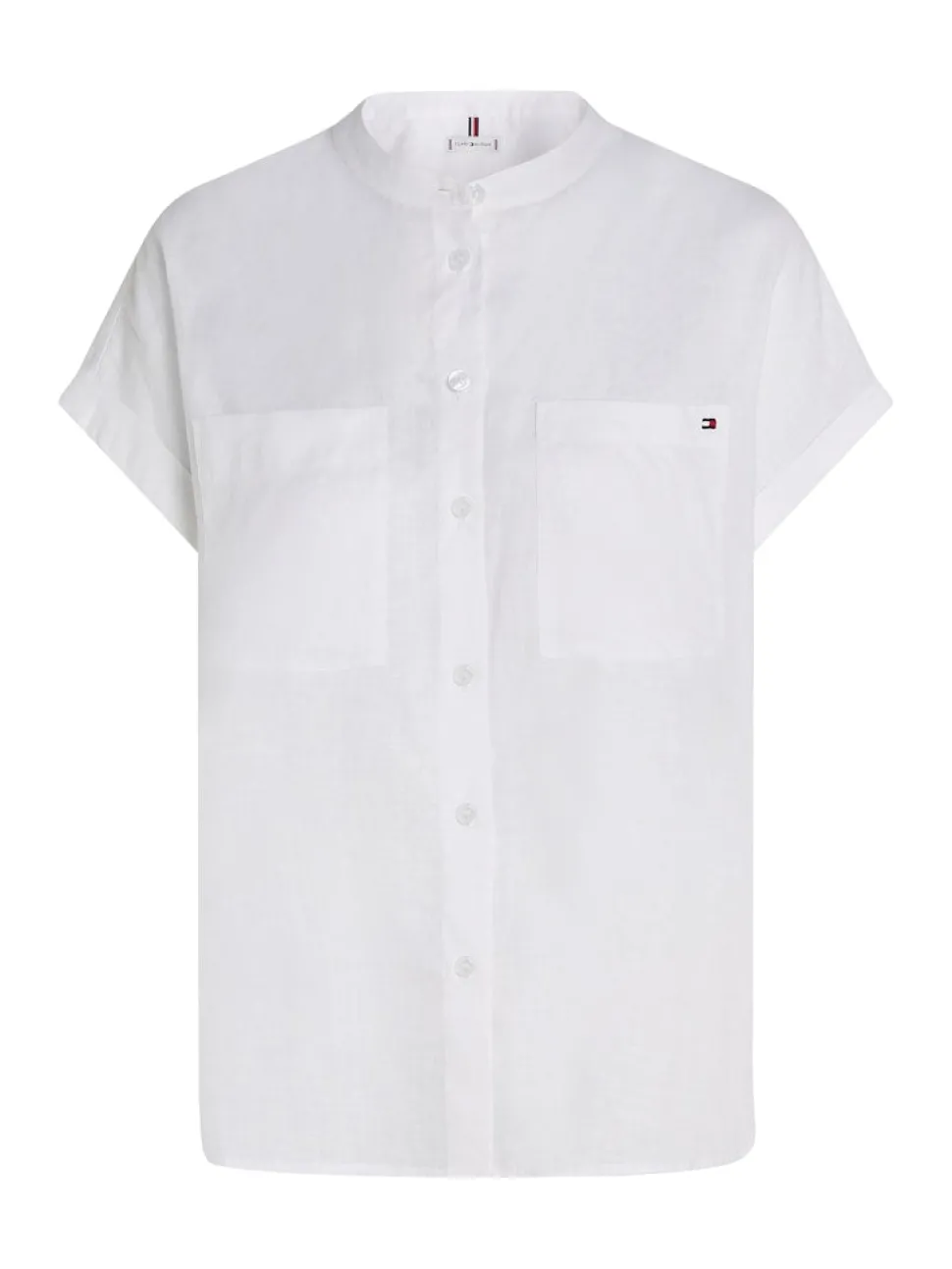 Tommy Hilfiger naisten lyhythihainen pellavapusero, ESS LINEN COLLARLESS SS BLOUSE Valkoinen