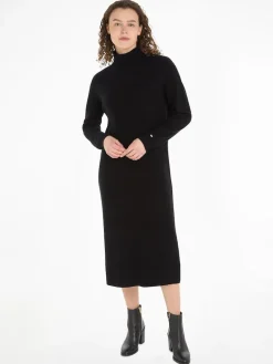 Tommy Hilfiger naisten mekko, MD WOOL CASH ROLL-NK MIDI DRESS Musta