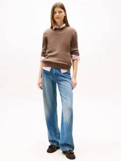 Tommy Hilfiger naisten neulepusero, CO CABLE C-NK LS SWEATER Tummanruskea