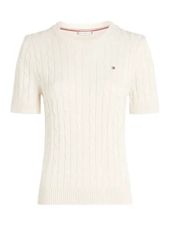 Tommy Hilfiger naisten neule, CO CABLE MID GG SS C-NK SWEAT Luonnonvalkoinen