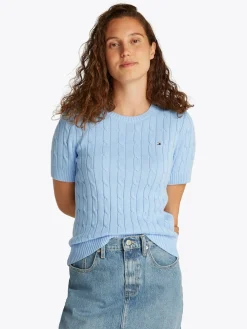 Tommy Hilfiger naisten neule, CO CABLE MID GG SS C-NK SWEAT Vaaleansininen