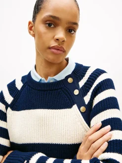Tommy Hilfiger naisten neulepusero Gold Btn Utility LS C-NK SWT, raidallinen sininen