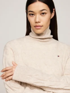 Tommy Hilfiger Naisten Neule, SOFT WOOL CABLE ROLL-NK SWEATER Luonnonvalkoinen