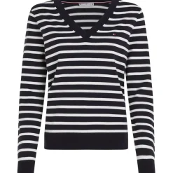 Tommy Hilfiger Naisten Paita, CO JERSEY STITCH V-NK SWEATER Raidallinen Sininen