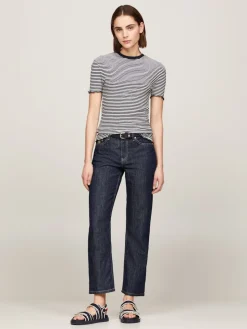 Tommy Hilfiger Naisten T-Paita, SLIM CTN MODAL RIB STP C NECK SS Raidallinen Sininen