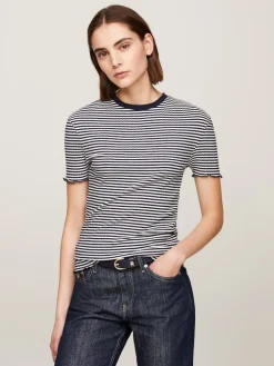 Tommy Hilfiger Naisten T-Paita, SLIM CTN MODAL RIB STP C NECK SS Raidallinen Sininen