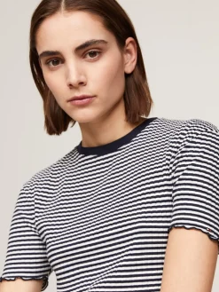 Tommy Hilfiger Naisten T-Paita, SLIM CTN MODAL RIB STP C NECK SS Raidallinen Sininen