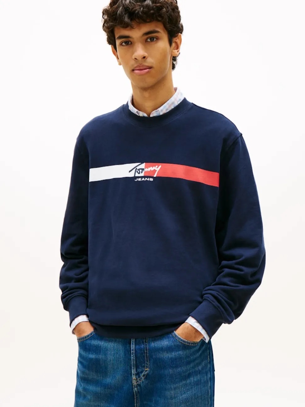 Tommy Jeans miesten collegepaita TJM Reg Sign Stripe Cnck EXT, tummansininen