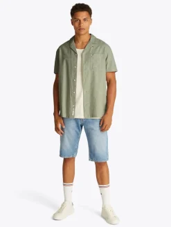 Tommy Jeans miesten lyhythihainen kauluspaita, TJM LINEN BLEND CAMP SS EXT Armeijanvihreä