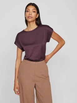 Vila lyhythihainen toppi, VIELLETTE S/S SATIN TOP Plum Perfect