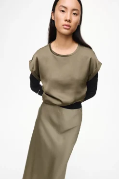 Vila naisten lyhythihainen toppi K-Viellette S/S Satin Top - NOOS, Dusty Olive