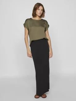 Vila naisten lyhythihainen toppi K-Viellette S/S Satin Top - NOOS, Dusty Olive