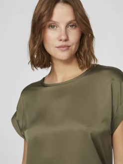 Vila naisten lyhythihainen toppi K-Viellette S/S Satin Top - NOOS, Dusty Olive