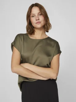 Vila naisten lyhythihainen toppi K-Viellette S/S Satin Top - NOOS, Dusty Olive