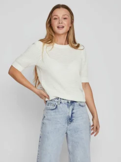 Vila naisten neulepusero, VIDALO O-NECK S/S KNIT TOP Valkoinen