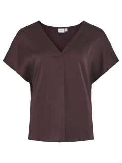 Vila naisten satiinitoppi, VIELLETTE V-NECK S/S SATIN TOP Viininpunainen
